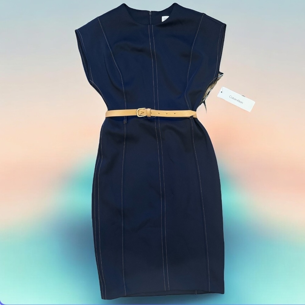 Calvin Klein Midnight Blue Dress with Beige Belt - Picture 2 of 9